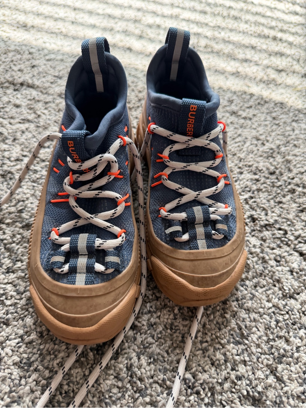 Burberry Kids Blue And Tan Lace-Up Sneakers With Orange Accents *Size Uncertain*